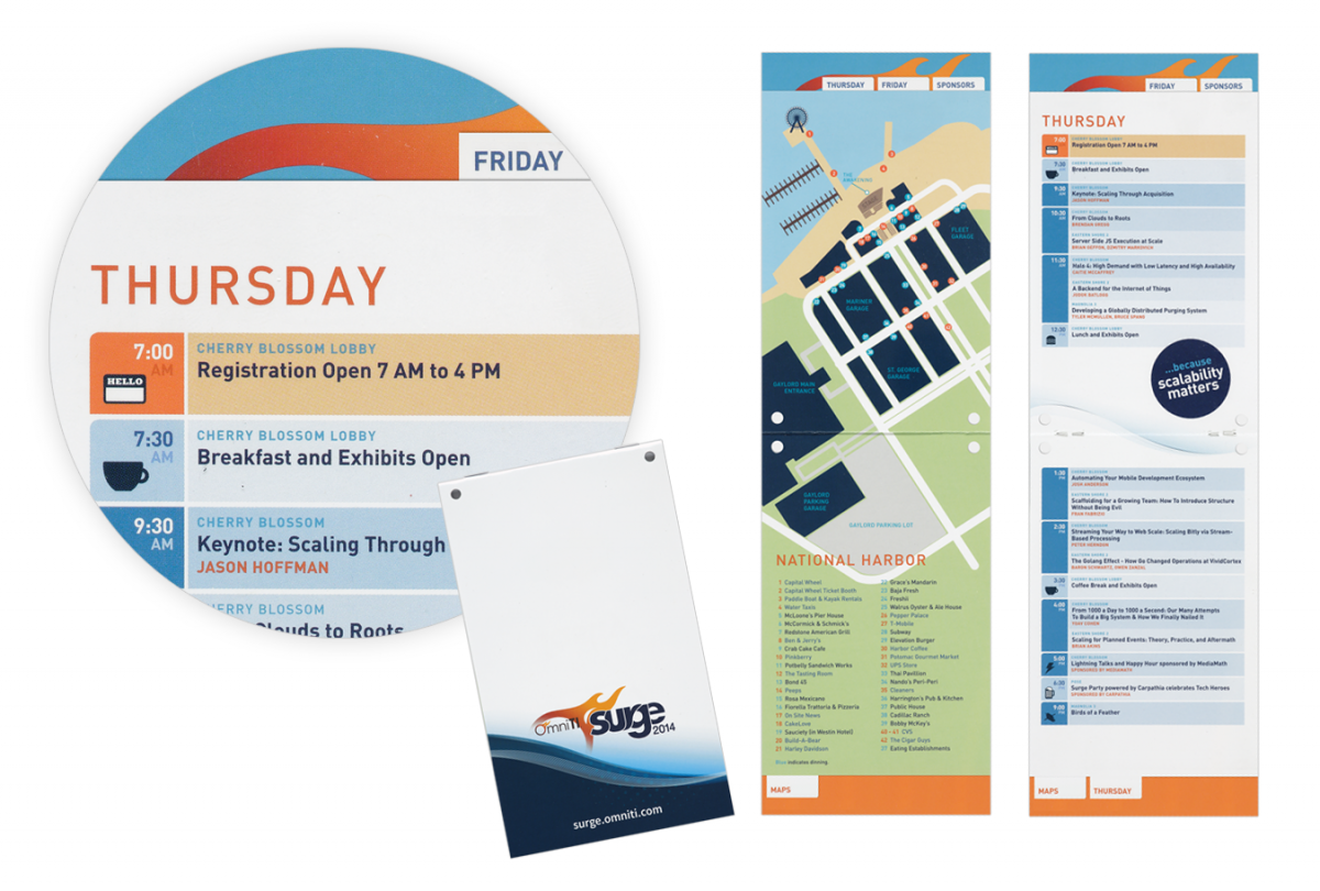 Detail of conference schedule; badge folder; map and conference schedule page views